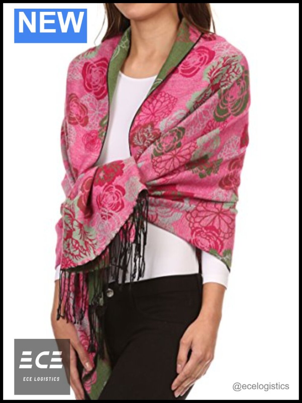 Floral Double Layer Pashmina Shawl Wrap with Fringe 100% Viscose